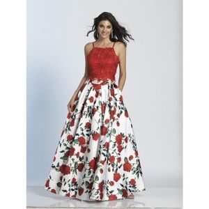 Dave & Johnny 5265 red‎ and white floral print lace two-piece ball gown Size 5/6